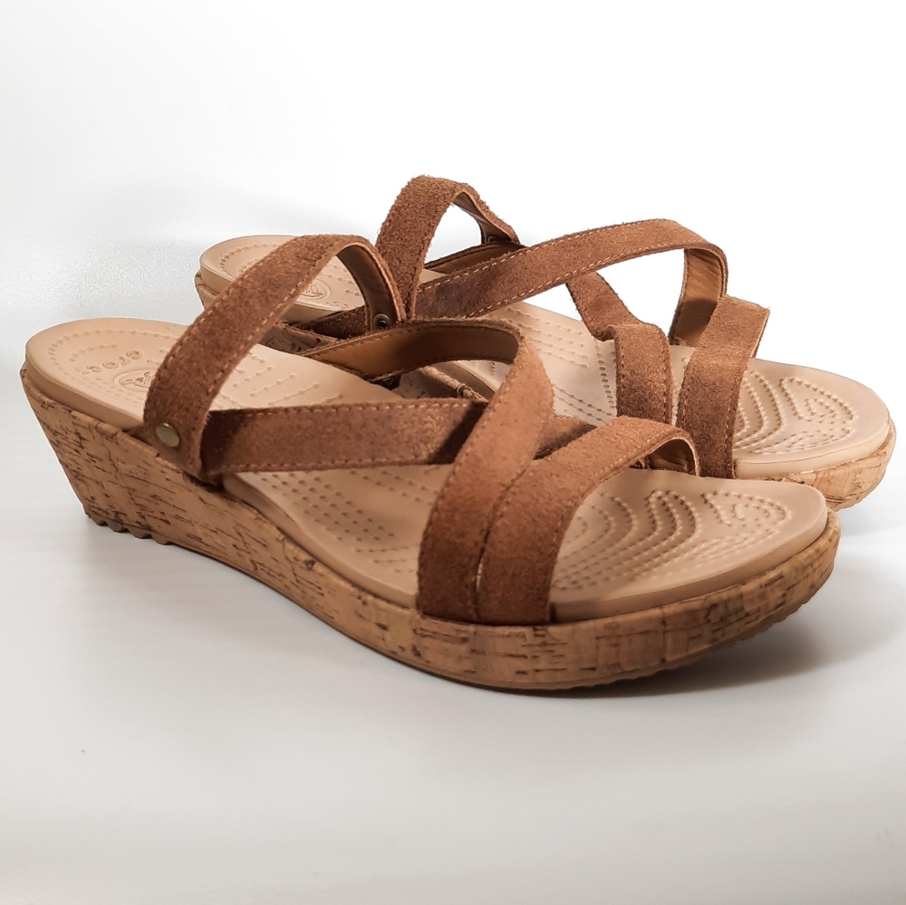 Crocs Women’s Brown A-Leigh Mini Wedge Leather Sandals 8